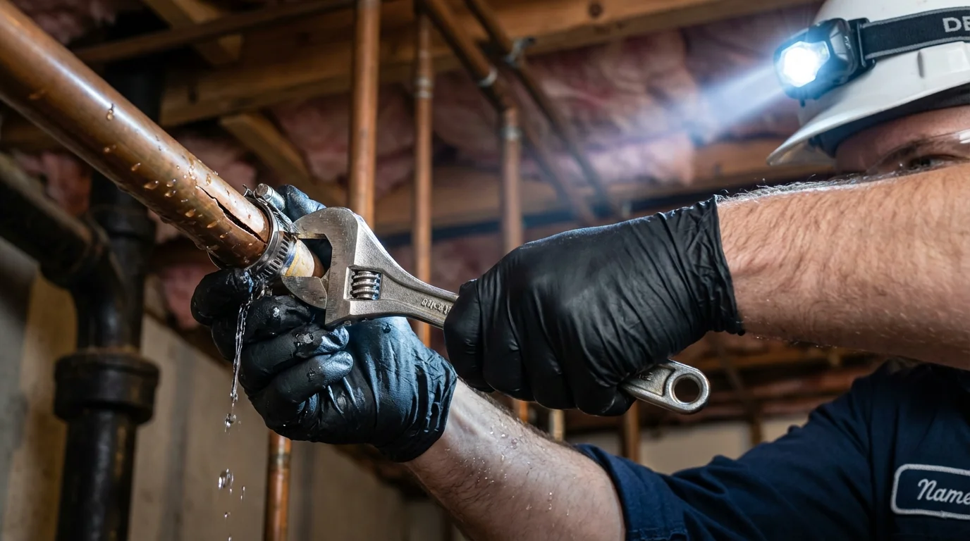 Emergency pipe clamp repair being performed by a Johns Plumbing LLC plumber in Strafford