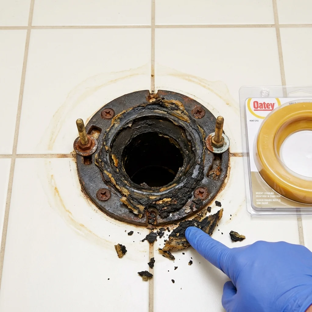 Failed wax ring showing water seepage at the base of a toilet in a Strafford, MO home